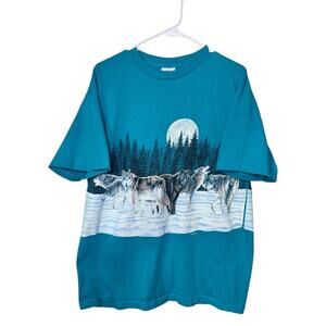 VINTAGE Wolf Gang Pack Men Shirt Large Turquoise Graphic Single Stitch 90s USA